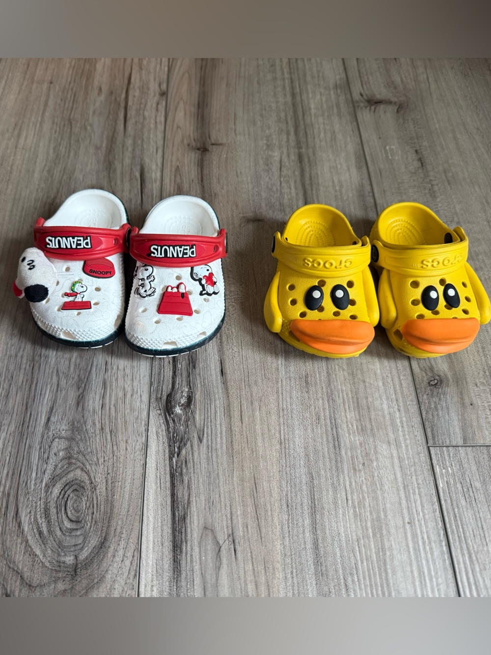 Crocs clogs bundle Peanuts White & Red Sz 4 and Yellow Duck Size 2/3